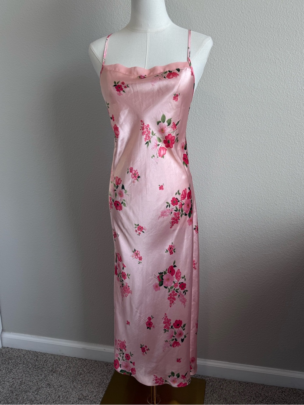 Y2K Cruz Pink Floral Satin Maxi Slip Dress Cowl Neck Coquette Barbiecore